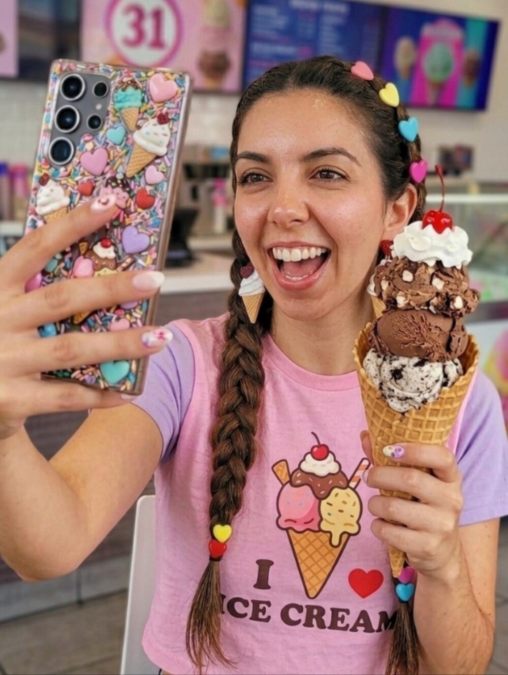 Ice Cream Cone Dangle Earrings Red Glitter Heart Acrylic Kawaii Summer Y2K 2.4in - Picture 12 of 16